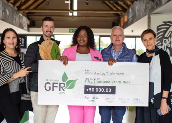 Joe Stead (Environmental Sustainability Manager, Spur Corporation) Adrian Nichols (Operator), Derek McMahon (Owner), Val Nichas (CEO, Spur Corporation) & Darryl Gower (Operator) celebrates their success at the Green Feather Reward event at Intaka Island, Cape Town, April 2023
